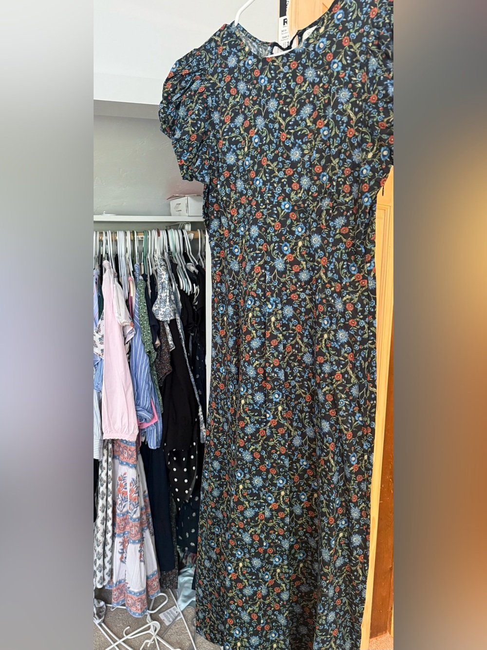 DOEN Floral Puff-Sleeve Midi Dress in Black with Multicolor Blooms